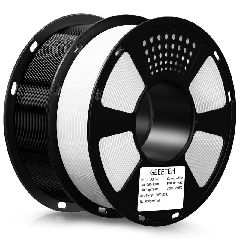 Geeetech PETG Filament 1.75mm, 2kg (4.4lbs) / 2 Pack Upgraded High-Toughness 3D Printer Filament - ±0.02mm Accuracy, Neatly Wound Durable, Non-Clogging & Non-Stringing (Black + White) - Image 1